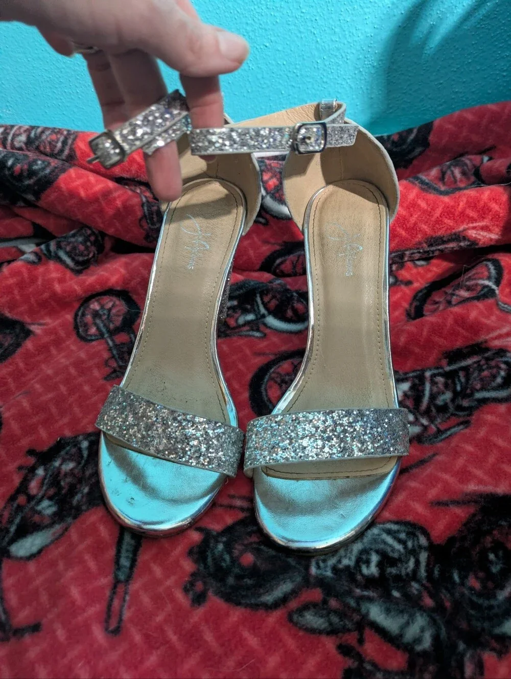 J. Adams Silver Glitter Ankle Strap Heels - Prom/Night Out